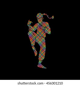 Drunken Kung fu pose designed on colorful pixels background graphic vector.