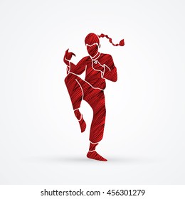 Drunken Kung fu pose designed using red grunge brush graphic vector.