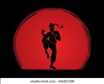 Drunken Kung fu pose designed on sunset background graphic vector.