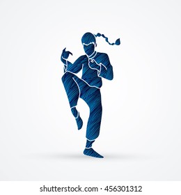 Drunken Kung fu pose designed using blue grunge brush graphic vector.