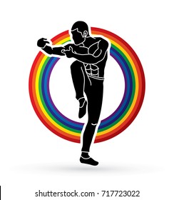 Drunken Kung fu pose designed on rainbows background graphic vector.