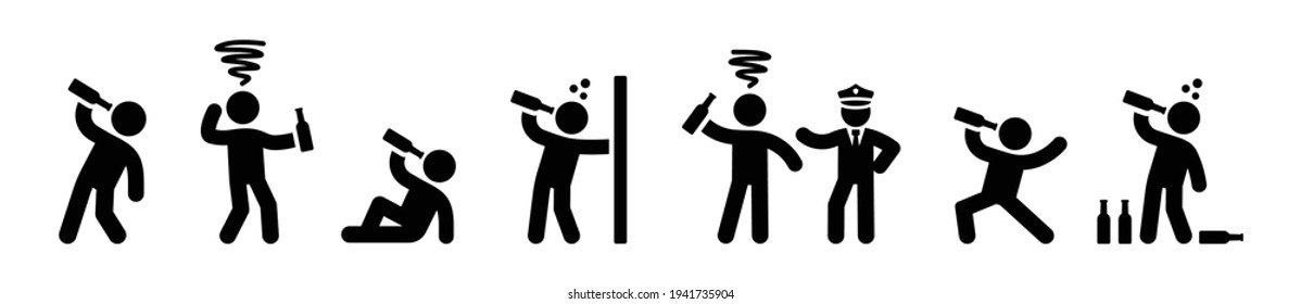 Drunken man behavior, alcoholic illustration black icons on white background.