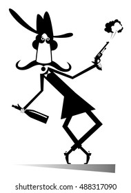 Drunken man. Drunken cowboy with a gun and a bottle of alcohol in his arms
