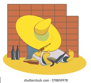Drunken man with a gun pulls his hat over his eyes and lies near the wall