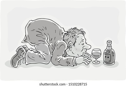 Drunken man kneeling in front of a glass and a bottle of wine, black and white outline vector illustration