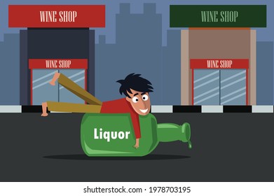 a drunken man lying on the liquor bottle