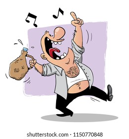 Drunken man singing and drinking joyfully