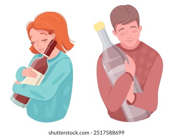 Drunken man and woman cartoon characters hugging bottle with alcohol