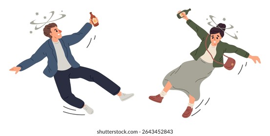 Homens e mulheres bêbados perdem o equilíbrio e caem de tonturas associadas à intoxicação alcoólica. Pessoas tremendo tropeçam. Vício da bebida. Mente confusa. Hábitos não saudáveis. Conceito de vetor