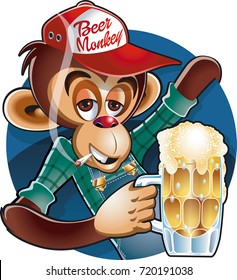 drunken monkey with baseball cap holding beer mug