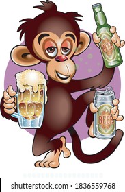 drunken monkey with holding beer mug, beer can and beer botle