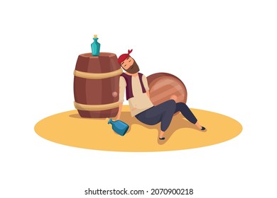 A drunken pirate with a bottle in his hand sleeps next to the barrels. Vector cartoon illustration.