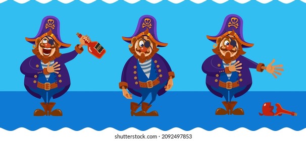 A drunken pirate with a bottle of rum. The sailor  sings a song about the dangers of alcohol. A funny character in 
three poses showing different emotions, poses and gestures   