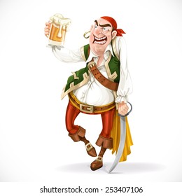 Drunken pirate with a glass of beer is based on the sword isolated on a white background