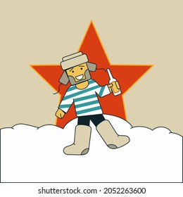 A drunken Russian peasant walks in the snow with a vodka bytul. On the head is a hat with earflaps, a vest on the body, felt boots on the legs. Behind him is a red star. 