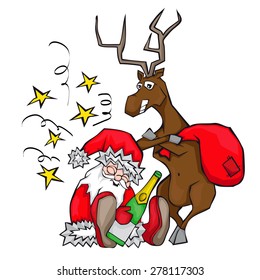 drunken Santa Claus sleeps. deer carries a bag.