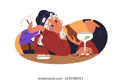 Drunken woman smoking cigarette, drinking alcohol cocktail. Sad depressed boozy person, drinker in bar. Bad habits addiction concept. Flat graphic vector illustration isolated on white background
