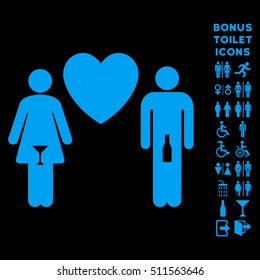 Drunky Love Pair icon and bonus male and female restroom symbols. Vector illustration style is flat iconic symbols, blue color, black background.