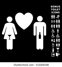 Drunky Love Pair icon and bonus gentleman and woman WC symbols. Vector illustration style is flat iconic symbols, white color, black background.