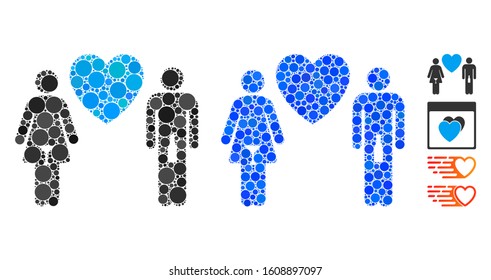 Drunky love pair mosaic of round dots in variable sizes and shades, based on drunky love pair icon. Vector round dots are organized into blue mosaic.