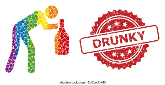 Drunky man collage icon of spheric spots in various sizes and rainbow colored color tinges, and Drunky unclean rosette seal. A dotted LGBT-colored Drunky man for lesbians, gays, transgenders,