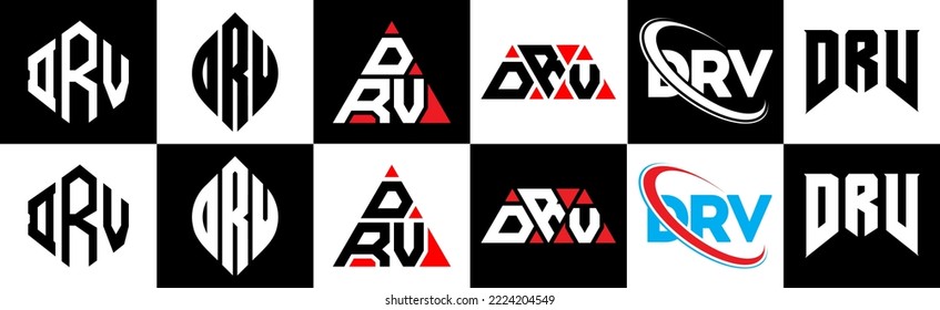 DRV letter logo design in six style. DRV polygon, circle, triangle, hexagon, flat and simple style with black and white color variation letter logo set in one artboard. DRV minimalist and classic logo