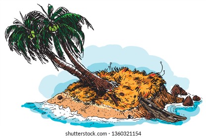 dry abandoned small island with two coconut trees with colored line art illustration