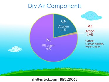 Dry air components diagram. Atmosphere composition gases pie chart. Percentage infographic. Nitrogen oxygen, vapor, argon other gasses % rate. Blue white outdoor background. illustration vector