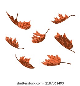 Dry Autumn Leaves Falling vector illustration. Flying Folded leaves of Fall Season. Set of 7 Orange brown color texture leaf  graphic resource isolated on white background. Textile fabric art design