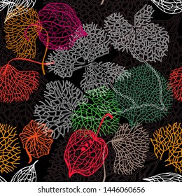 Dry autumn leaves. Seamless vector pattern with colorful transparent botanical elements. Template for cards, packaging and textile design. On black background.