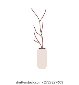 Dry bare tree branch in ceramic vase. Tall thin twig, tall stem, minimalist natural decor for modern interior. Leafless sprig, decoration. Flat vector illustration isolated on white background