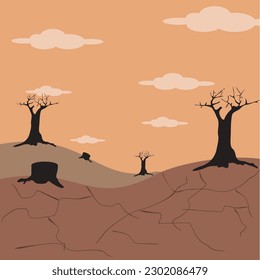 dry barren land, drought due to hot weather and felling of trees.Climate Catastrophe.  Trees and Grass Died, Soil Cracked. Ecological Environmental Problem.icon of global warming