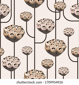 Dry boxes of faded lotus flowers on a light beige, cream background. Minimalistic seamless vector pattern. Square design for fabric, cards, wallpapers.