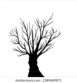 Dry branch. Black vector silhouette of old dry branch fallen from tree isolated on white background.