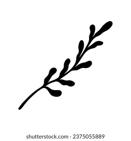 Dry branch with leaves vector icon. Fading autumn plant, silhouette of a wilted twig. Wild tree sprig. Hand drawn doodle, isolated botanical sketch. Floral fall clipart. Black element for print, web