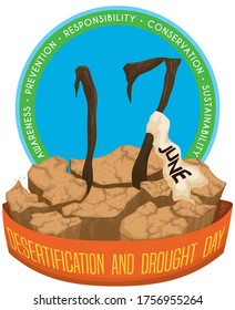 
Dry branches over arid ground like number date '17' with ribbon to celebrate Desertification and Drought Day in June with some awareness precepts in the circle.