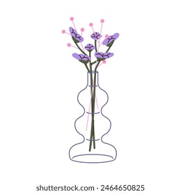 Trockene Zweige von Seelavendel in Glasvase. Blüte Wildblume, Blüte Wiesenpflanze, Wildblume. Blumendekoration im minimalistischen Stil. Flache isolierte Vektorillustration auf weißem Hintergrund