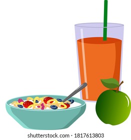 Dry breakfast with berries and juice. Muesli with milk and berries. Healthy breakfast. Vector illustration isolated on white background. For cafes, menus and decor.