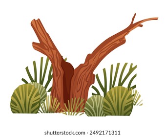 Dry broken tree branch without leaves, in grassy area. Perfect for themes of desolation, survival, and nature. Vector illustration isolated on white background