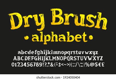 Dry Brush alphabet font. Hand drawn uppercase and lowercase letters, numbers and symbols. Stock vector typescript for your design.