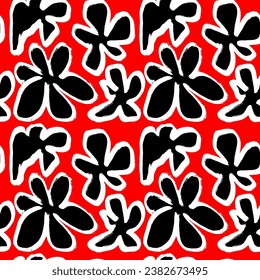 Dry Brush Big Red Flowers Seamless Abstract Pattern.