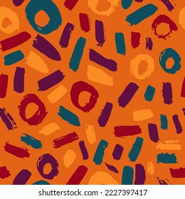 Dry Brush Colorful Strokes and Circles Seamless Pattern. Hand Drawn Artwork Abstract Vector Background