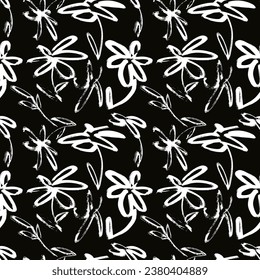 Dry Brush Flower Seamless Pattern. Hand Drawn Artwork Background.