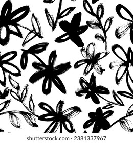 Dry Brush Flower Seamless Pattern. Hand Drawn Artwork Background.