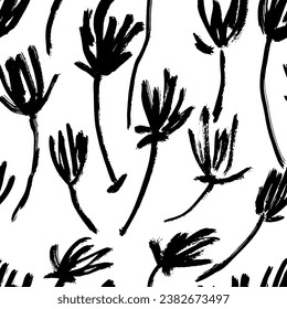 Dry Brush Flower Seamless Pattern. Hand Drawn Artwork Background.