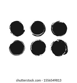 Dry brush grunge black vector circle stain set. Dry brush, rough edges paint circle set.