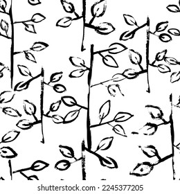 Dry Brush Grunge Branches with Leaves Seamless Pattern.