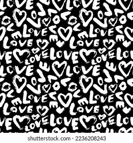 Dry Brush Grunge Love Lettering and Hearts Seamless Romantic Pattern.