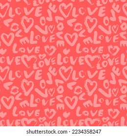 Dry Brush Grunge Pink Love Lettering and Hearts Seamless Romantic Pattern.