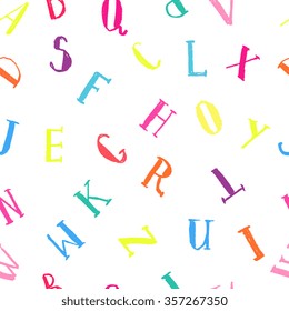 Dry brush hand drawn letters, alphabet, sketchy artsy colorful seamless pattern in bright neon colors
